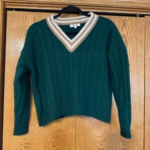 Madewell Green V-Neck Sweater with Tan and White Trim